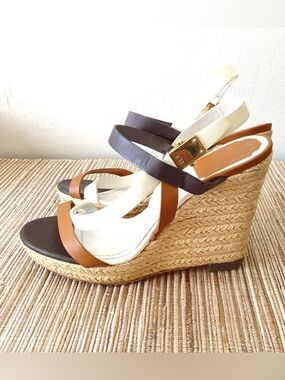 Christian DIOR White Black Leather Strappy Espadrille Wedge Sandal Shoes 37